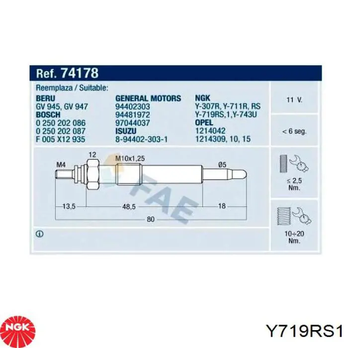 Свіча накалу NGK Y719RS1 ціна, від 6.46 USD