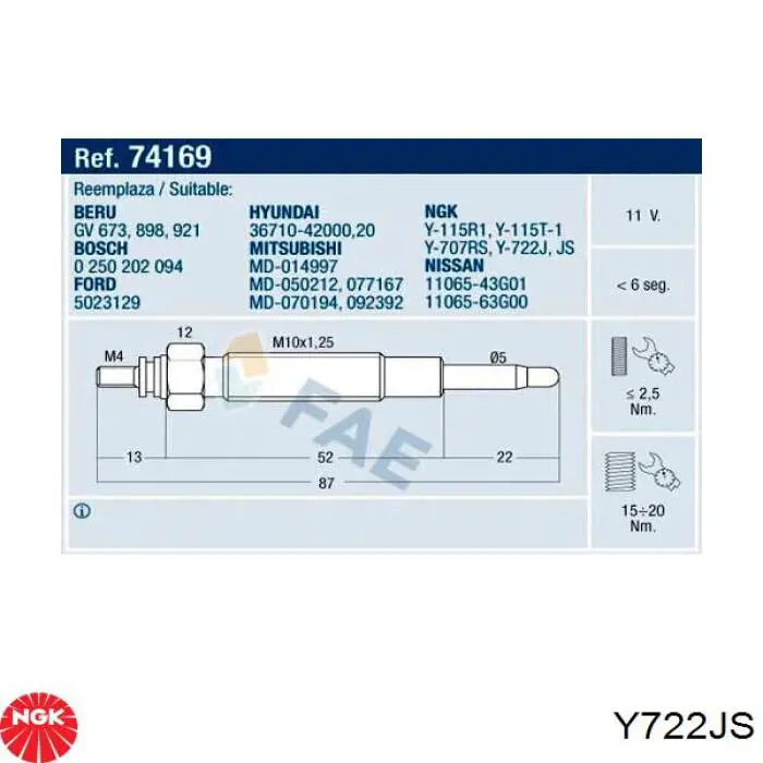 Свічка накалу Y722JS NGK
