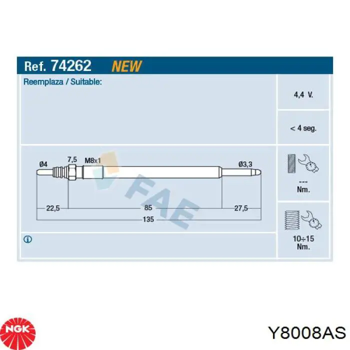 Купити Y8008AS NGK Свічка накалу