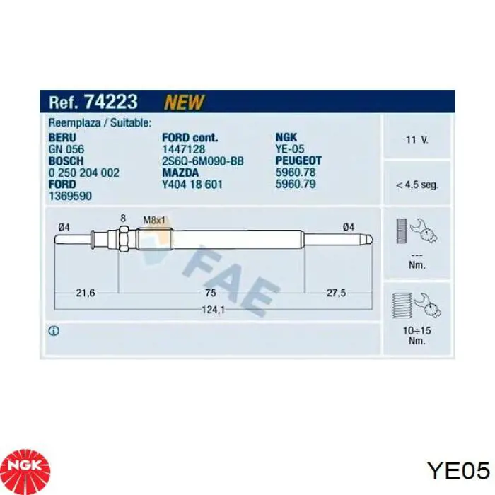 Свіча накалу NGK YE05 ціна, від 11.29 USD