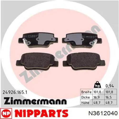 Купити N3612040 Nipparts Задні колодки