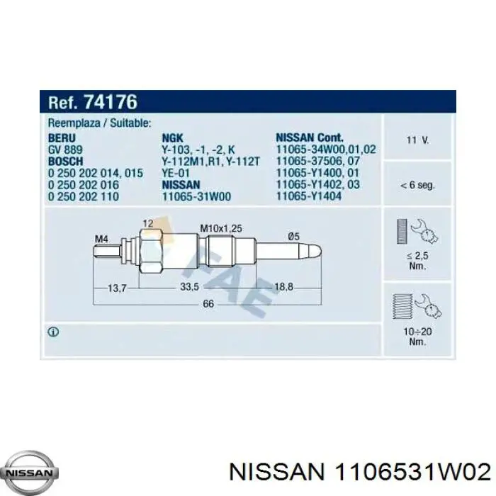 Свічка накалу 1106531W00 Nissan