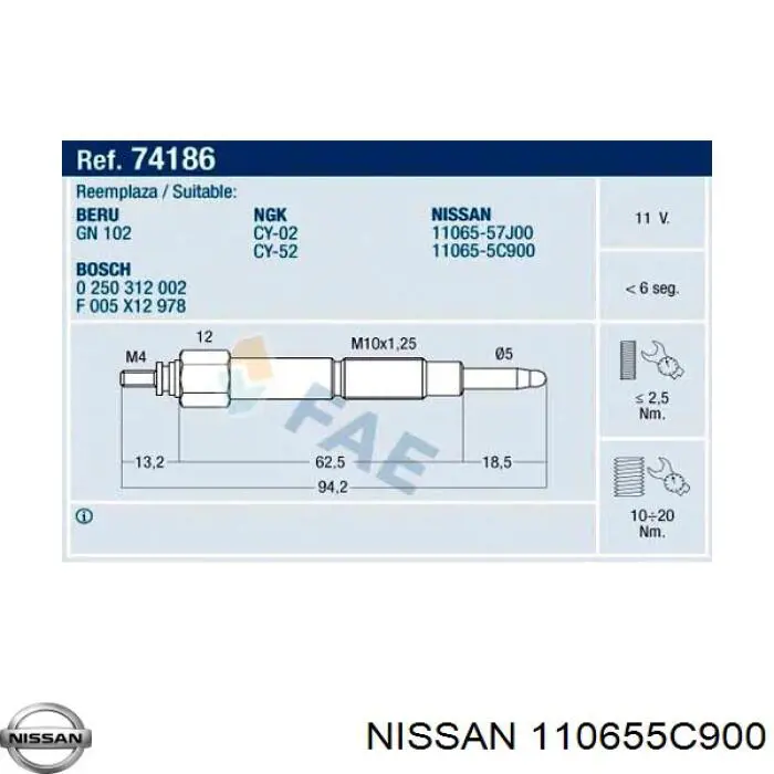 Свічка накалу 110655C900 Nissan/Infiniti