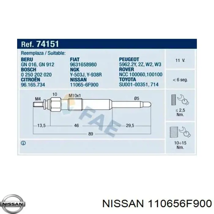 Купити 110656F900 Nissan/Infiniti Свічка накалу