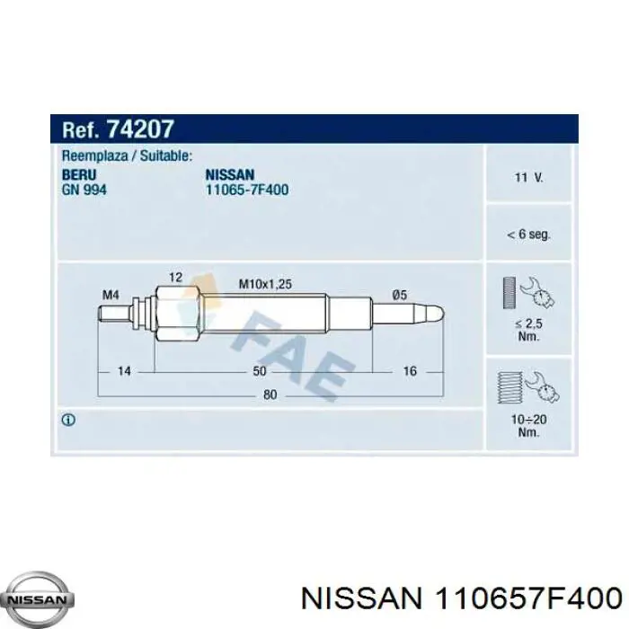 Свічка накалу 110657F400 Nissan