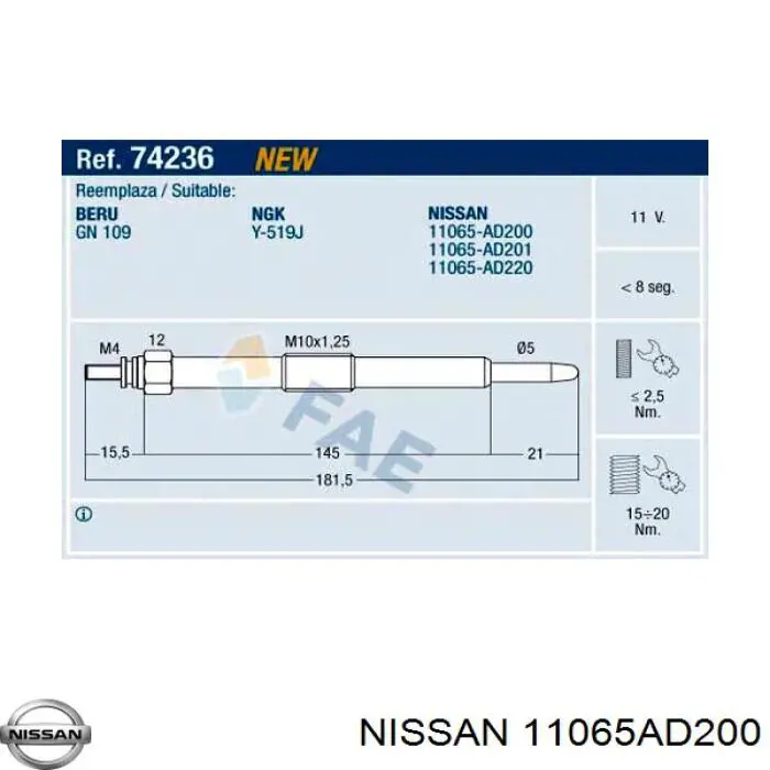 Свіча накалу Nissan/Infiniti 11065AD200 ціна, від 14.70 USD