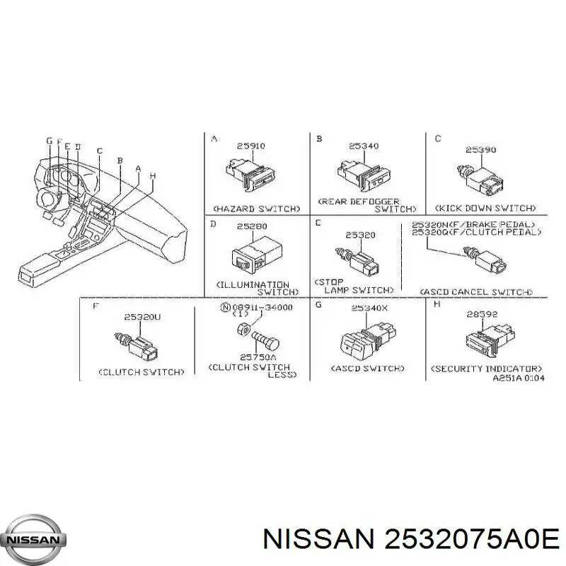Кнопка стоп-сигналу Nissan/Infiniti 2532075A0E ціна, від 4.19 USD