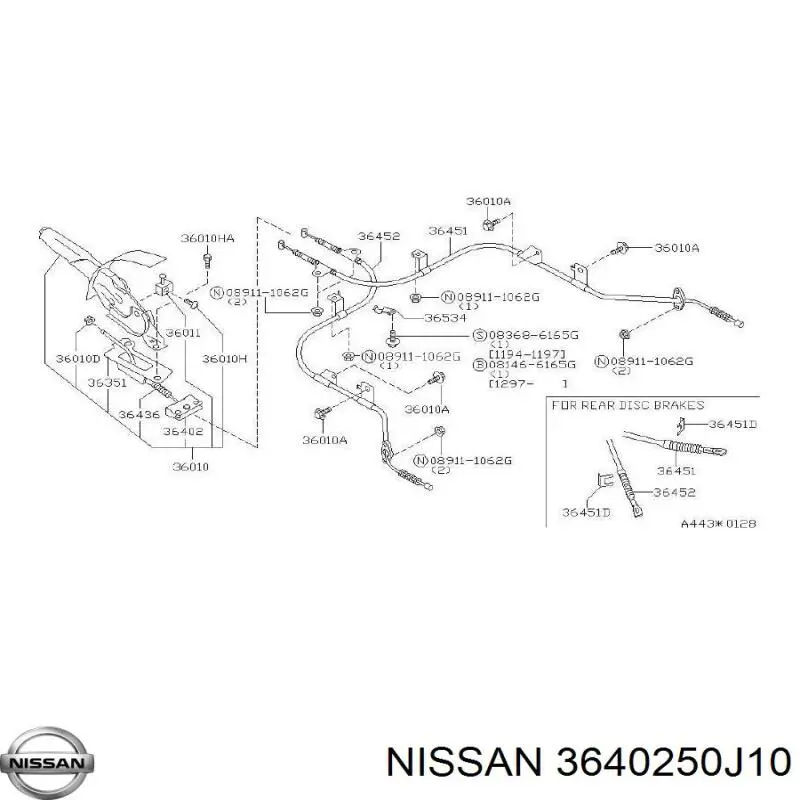 Купити 3640250J10 Nissan/Infiniti Трос ручного гальма передній