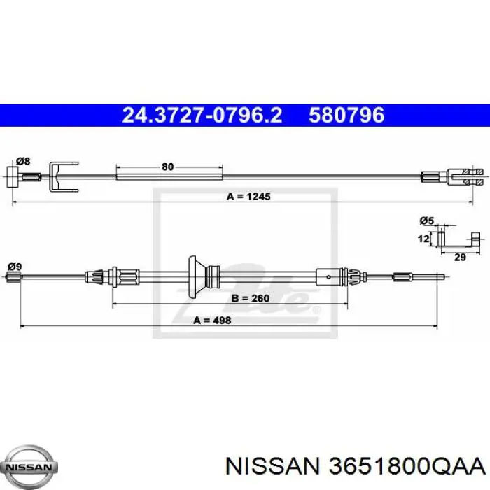 Трос ручного гальма, проміжний 3651800QAA Nissan