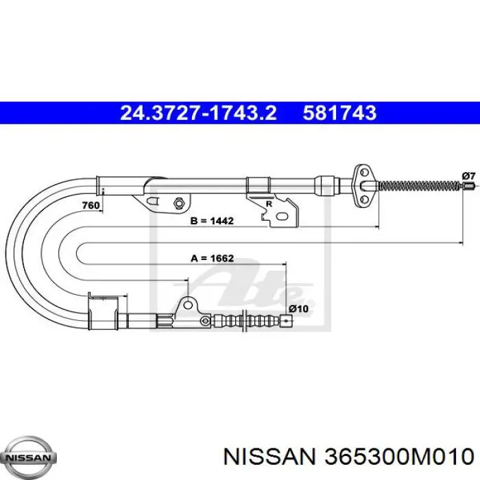 Трос стоянкового гальма задній правий Nissan/Infiniti 365300M010 ціна, від 16.74 USD