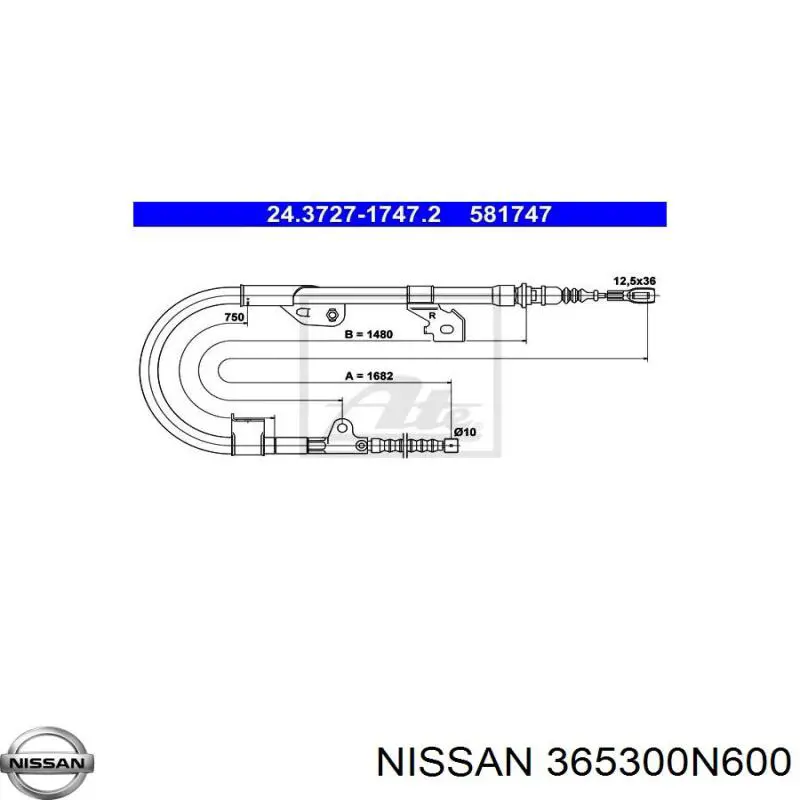 Купити 365300M810 Nissan/Infiniti Трос ручного гальма задній, правий