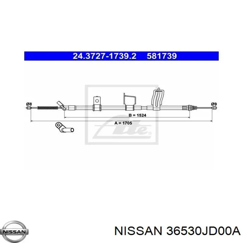 36530JD00A Nissan трос ручного гальма задній, правий