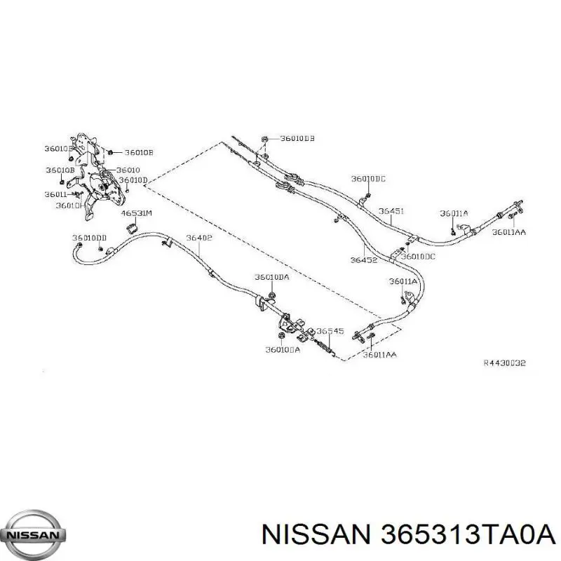 Купити 365313TA0A Nissan/Infiniti Трос ручного гальма задній, лівий