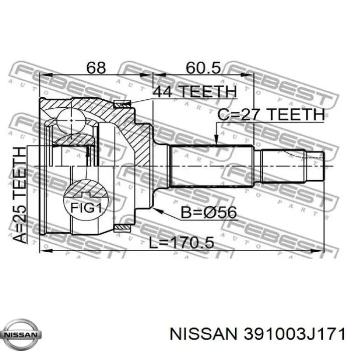 Піввісь (привід) передня, права 391003J171 Nissan