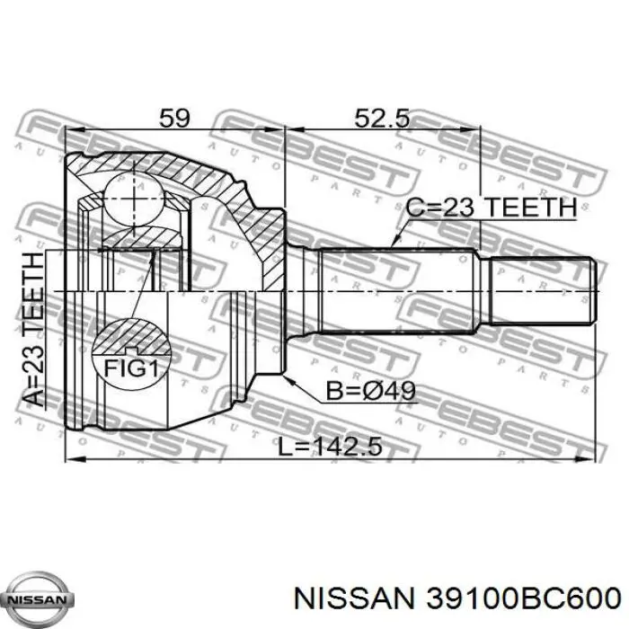 39100BC600 Nissan піввісь (привід передня, права)