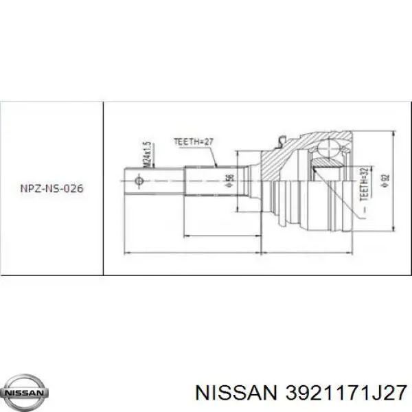 ШРУС зовнішній передній 3921171J27 Nissan