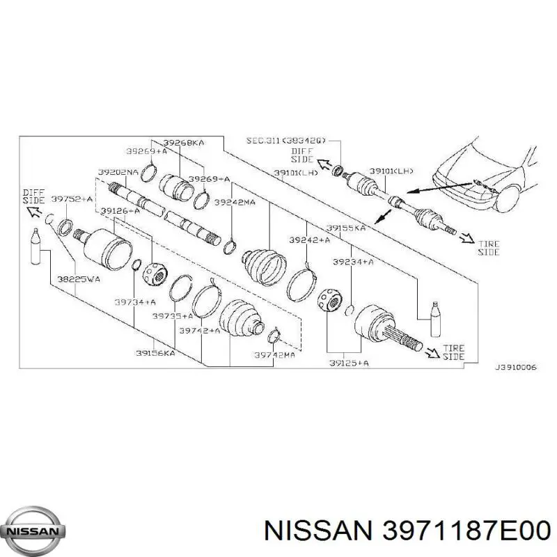 3971187E00 Nissan шрус внутрішній, передній, лівий