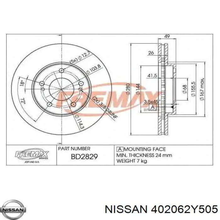 Диск переднього гальма Nissan/Infiniti 402062Y505 ціна, від 47.19 USD