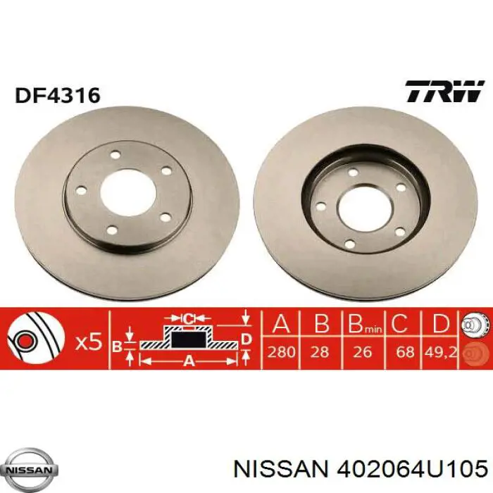 Диск переднього гальма Nissan/Infiniti 402064U105 ціна, від 40.40 USD