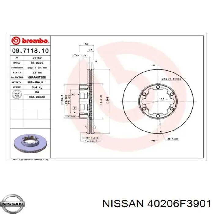 Диск гальмівний передній 40206F3901 Nissan