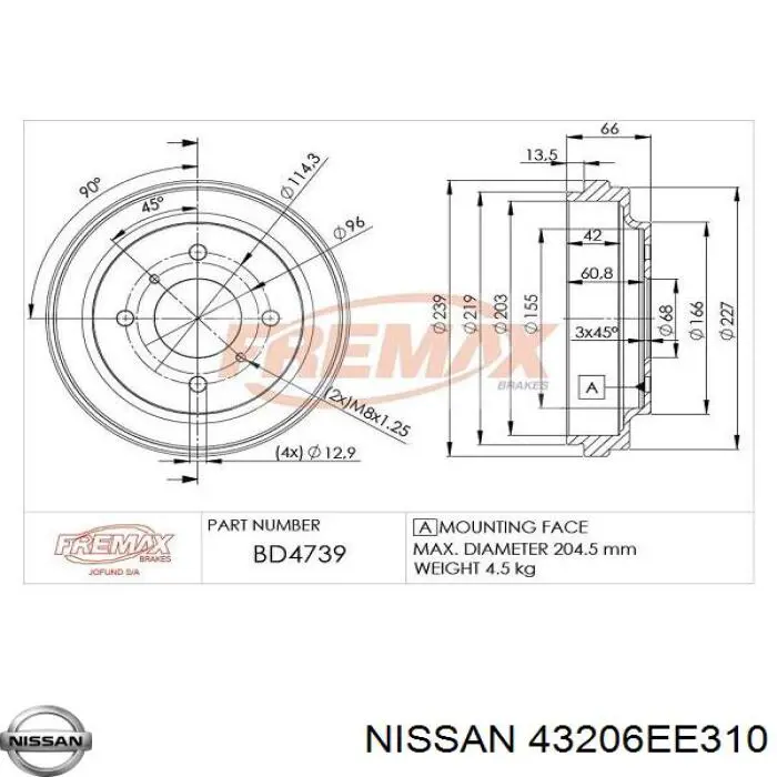 Барабан гальмівний задній Nissan/Infiniti 43206EE310 ціна, від 38.42 USD