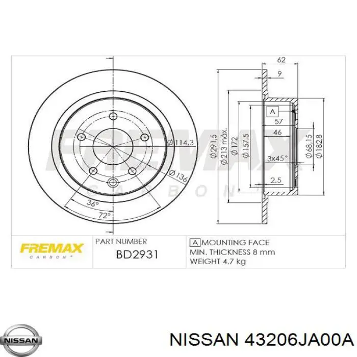 Гальмівні диски 43206JA00A Nissan/Infiniti