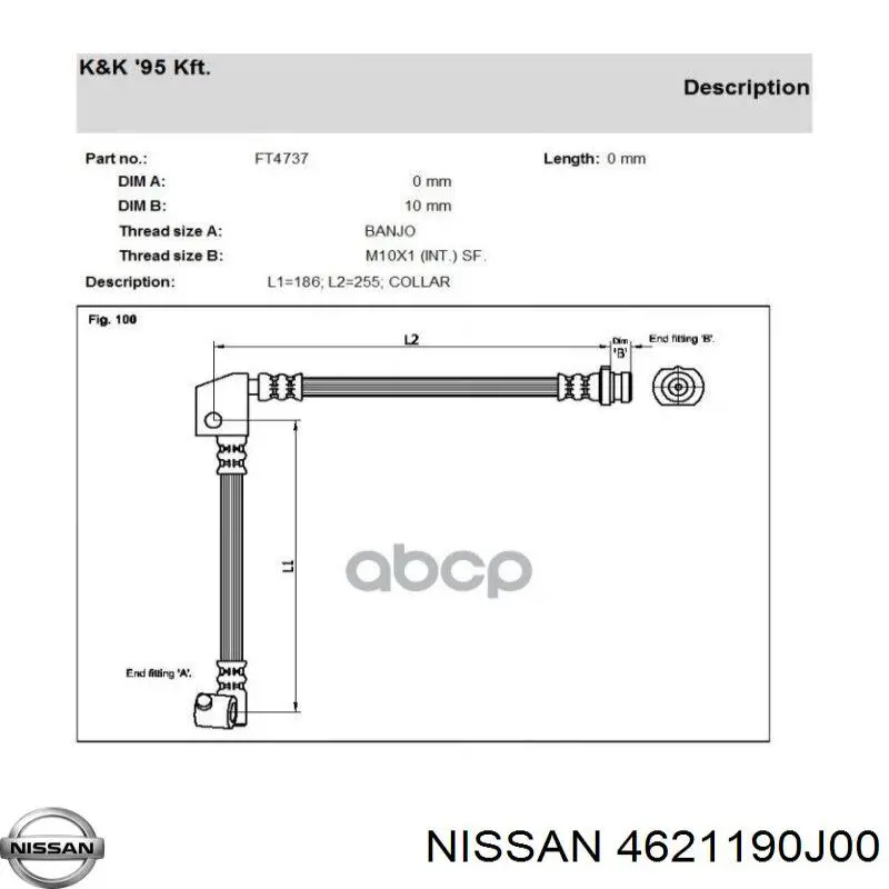 Шланг гальмівний передній, лівий K&K FT4737 ціна, від 22.25 USD