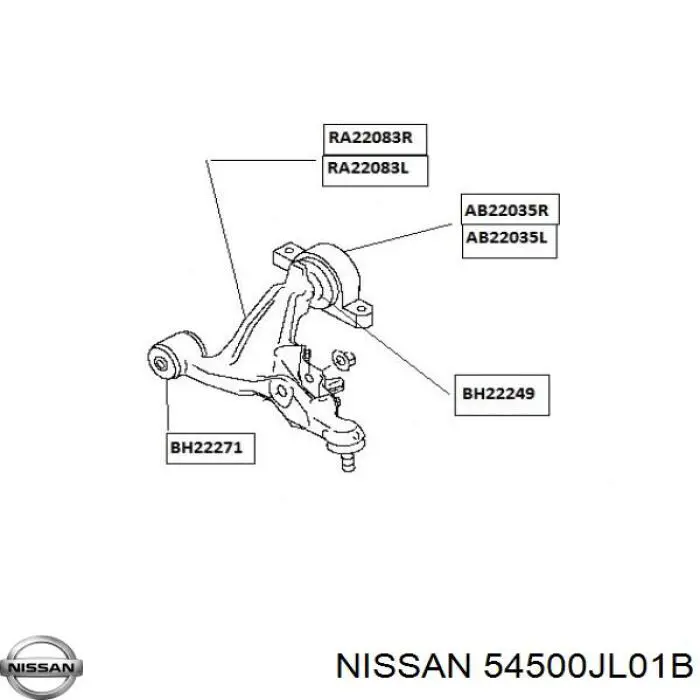 Важіль передньої підвіски нижній, правий 54500JL01B Nissan/Infiniti