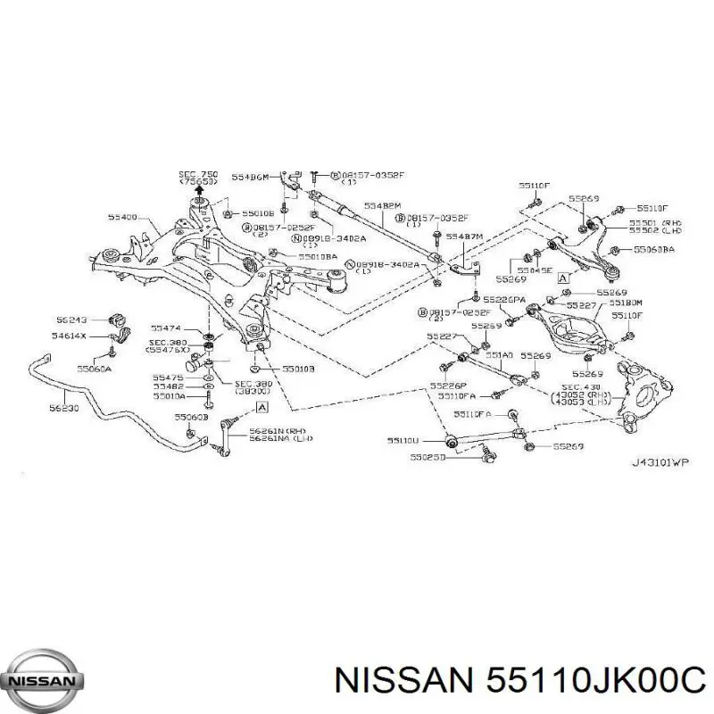 55110JK00C Nissan/Infiniti Важіль/тяга задньої підвіски подовжній нижній, лівий/правий