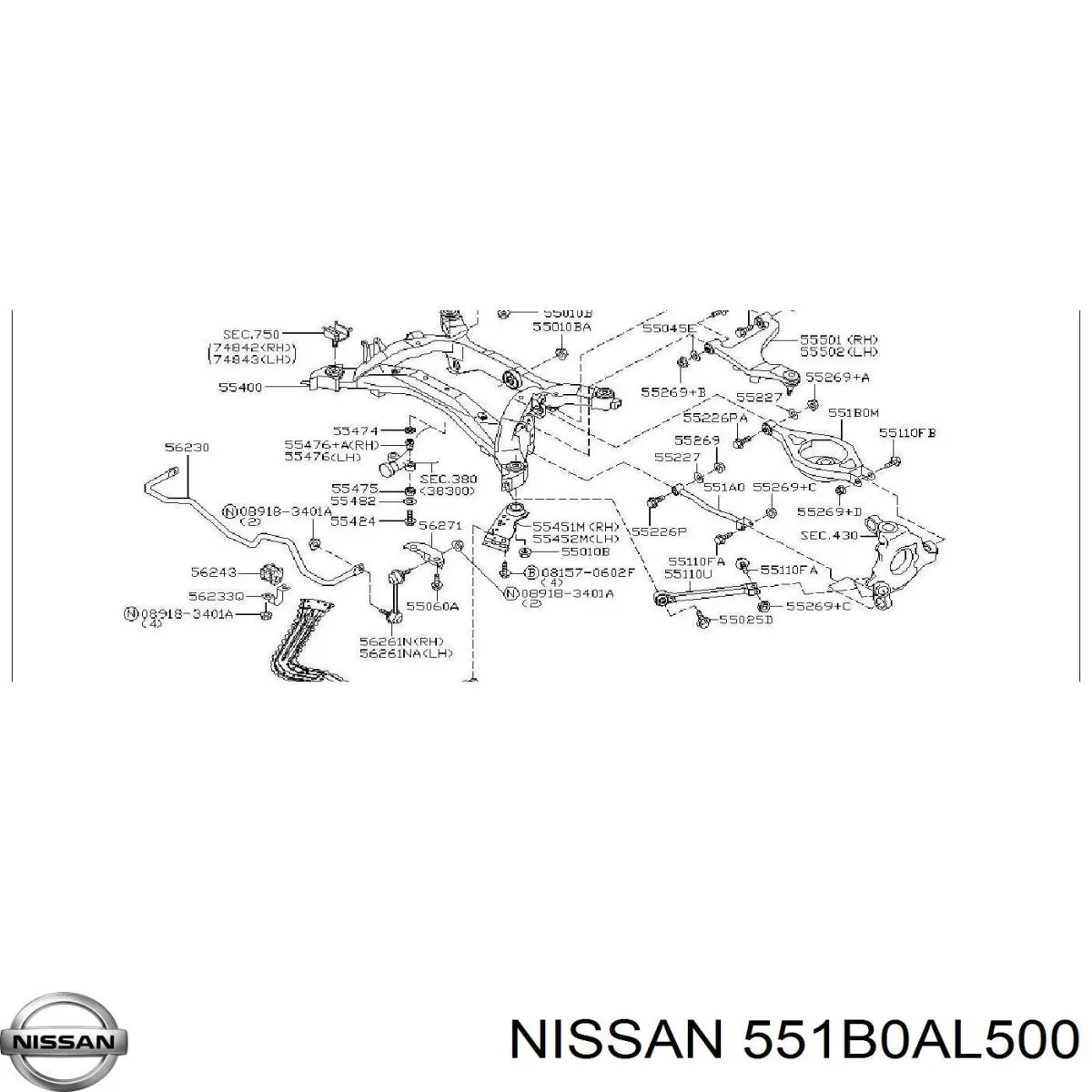 Важіль задньої підвіски нижній, лівий/правий 551B0AL500 Nissan/Infiniti