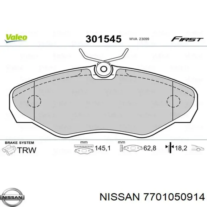 Колодки гальмівні передні, дискові 7701050914 Nissan