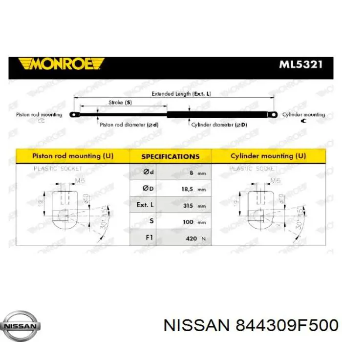 Амортизатор кришки багажника/ двері 3/5-ї задньої 844309F500 Nissan