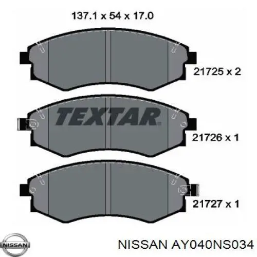 AY040NS034 Nissan/Infiniti Передні гальмівні колодки