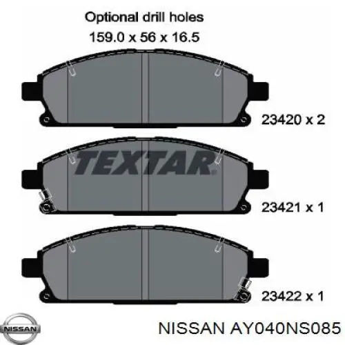 Колодки гальмівні передні, дискові AY040NS085 Nissan