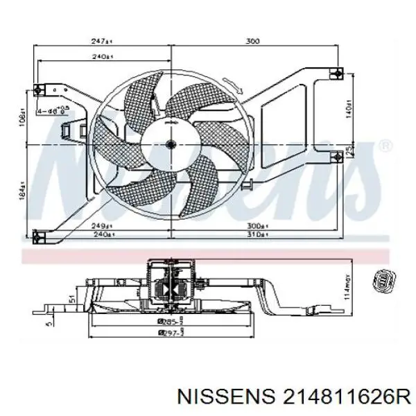 Електровентилятор охолодження в зборі (двигун + крильчатка) 214811626R Nissens