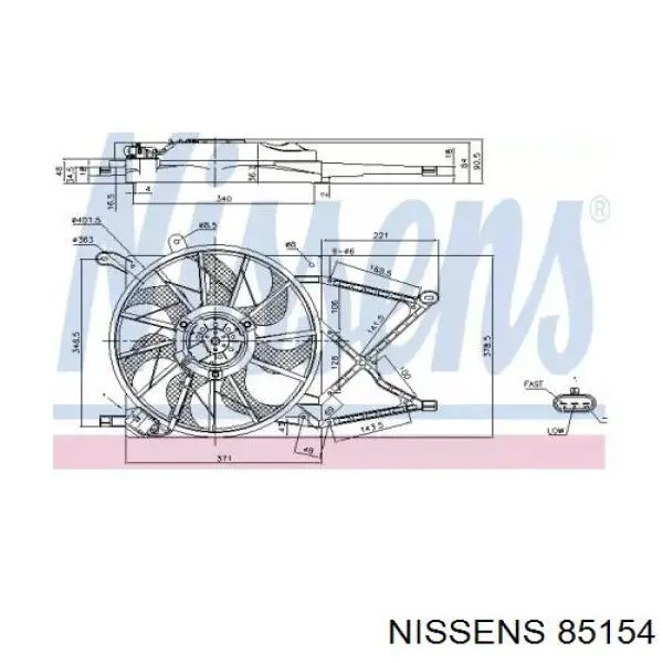 85154 Nissens дифузор радіатора охолодження, в зборі з двигуном і крильчаткою
