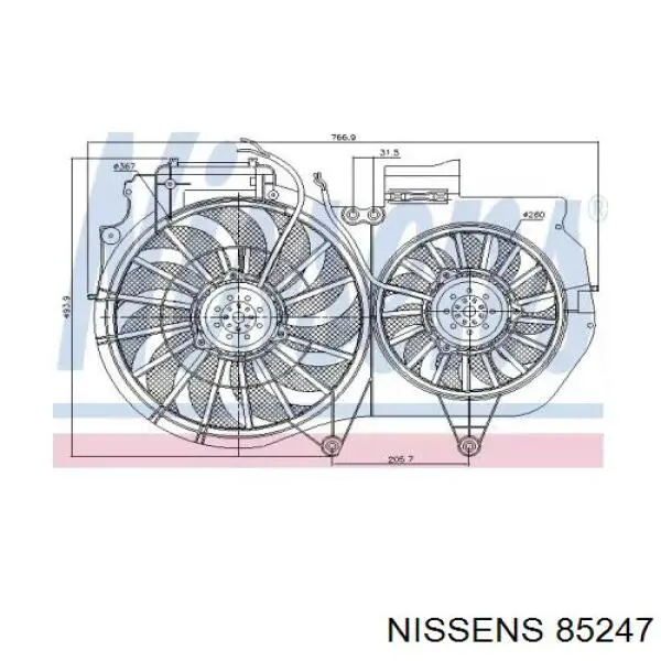 85247 Nissens дифузор радіатора охолодження, в зборі з двигуном і крильчаткою