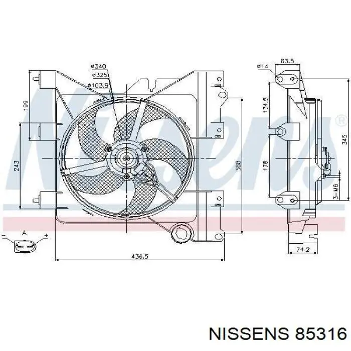 85316 Nissens дифузор радіатора охолодження, в зборі з двигуном і крильчаткою