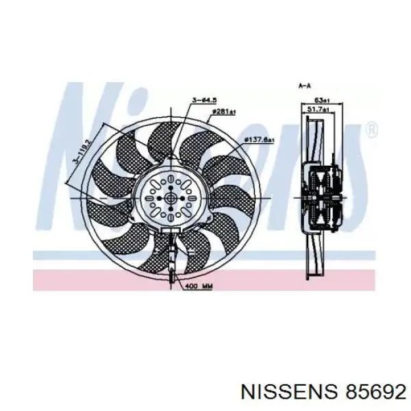 85692 Nissens електровентилятор охолодження в зборі (двигун + крильчатка, правий)