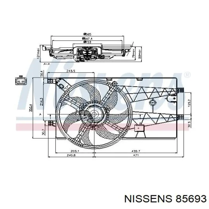 85693 Nissens дифузор радіатора охолодження, в зборі з двигуном і крильчаткою