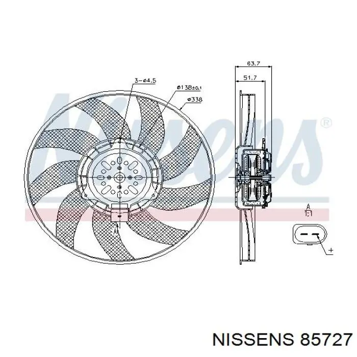 85727 Nissens електровентилятор охолодження в зборі (двигун + крильчатка, правий)