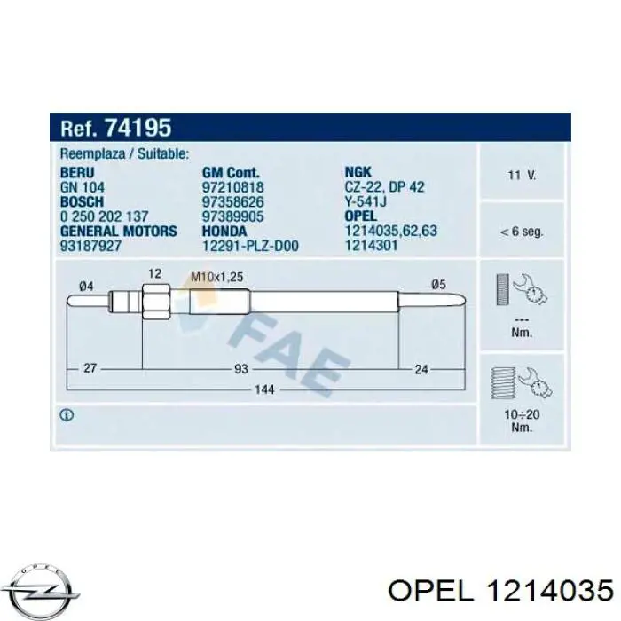 1214035 Opel свічка накалу