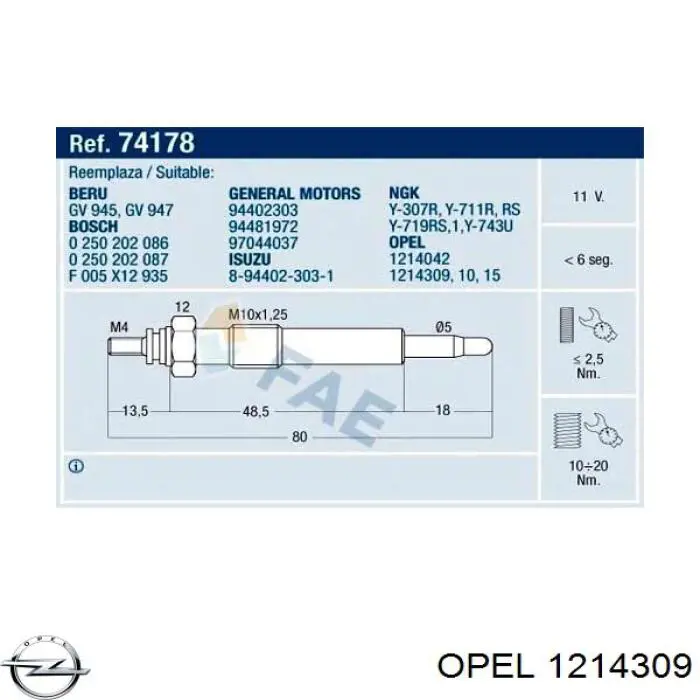 Свіча накалу Opel 1214309 ціна, від 7.91 USD