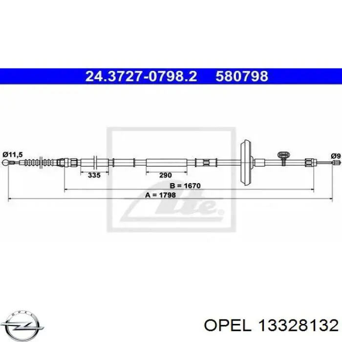 Трос ручного гальма задній, правий/лівий 13328132 Opel