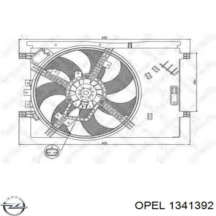 1341392 Opel дифузор радіатора охолодження, в зборі з двигуном і крильчаткою