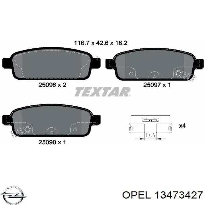 Задні дискові колодки Opel 13473427