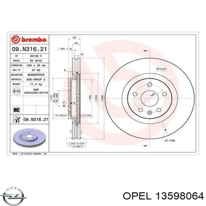 Купити 13598064 Opel Ротор гальмівний