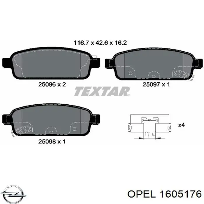 1605176 Opel колодки гальмові задні, дискові