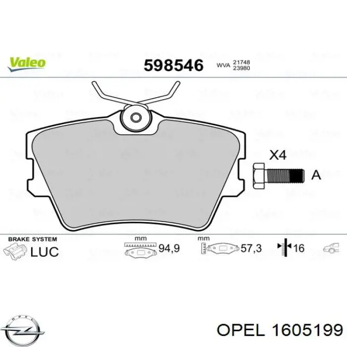 Задні гальмівні колодки 1605199 Opel