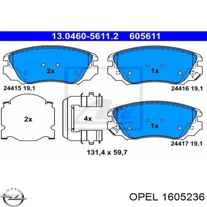 1605236 Opel колодки гальмівні передні, дискові
